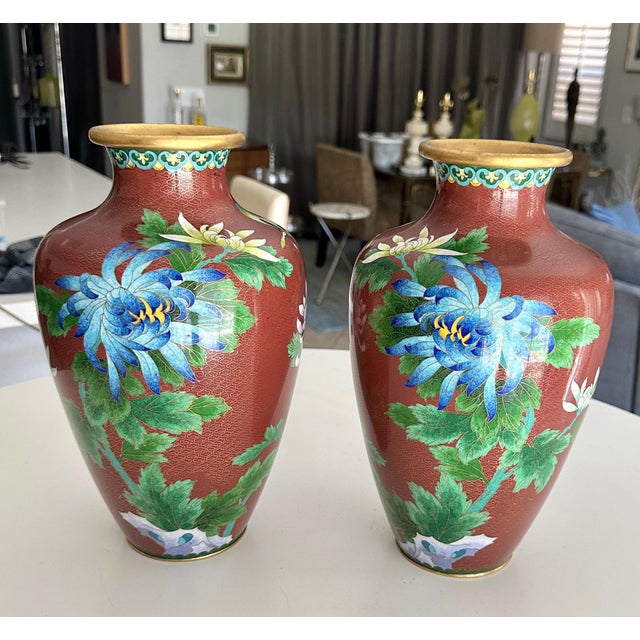 Chinese Pair Chinese Cloisonné Floral Vases For Sale - Image 3 of 12