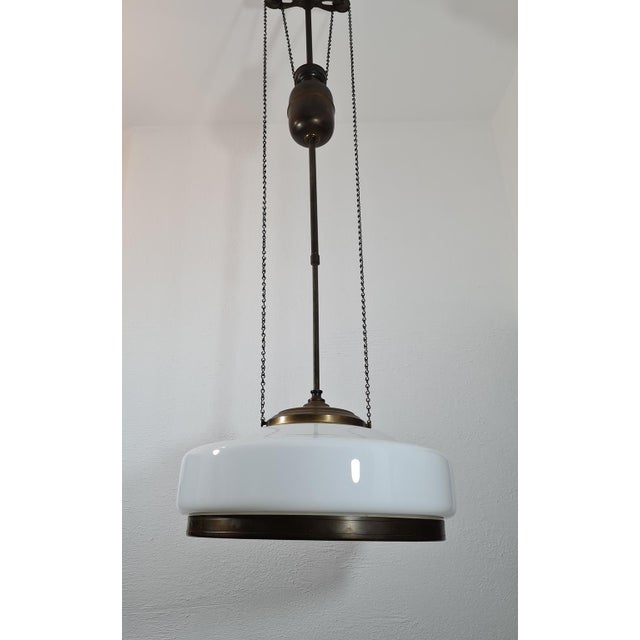 Art Deco Adjustable Pendant Lamp in Brass and Opal Glass, 1930s-1940s For Sale - Image 11 of 14