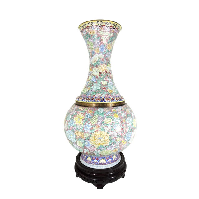 Massive Chinese (1000 Flowers) Summer Flowers & Lotus Pond Floor Vase, Republic, Enamel Over Brass For Sale - Image 12 of 12