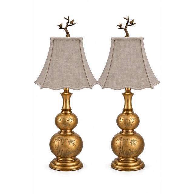 Antique Chinoiserie Brass Double-Gourd Lamps With Taupe Pagoda Shades, Pair For Sale - Image 4 of 7