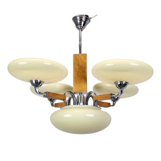 Vintage Art Deco Chandelier in Wood and Cream Glass Shades, 1930 For Sale
