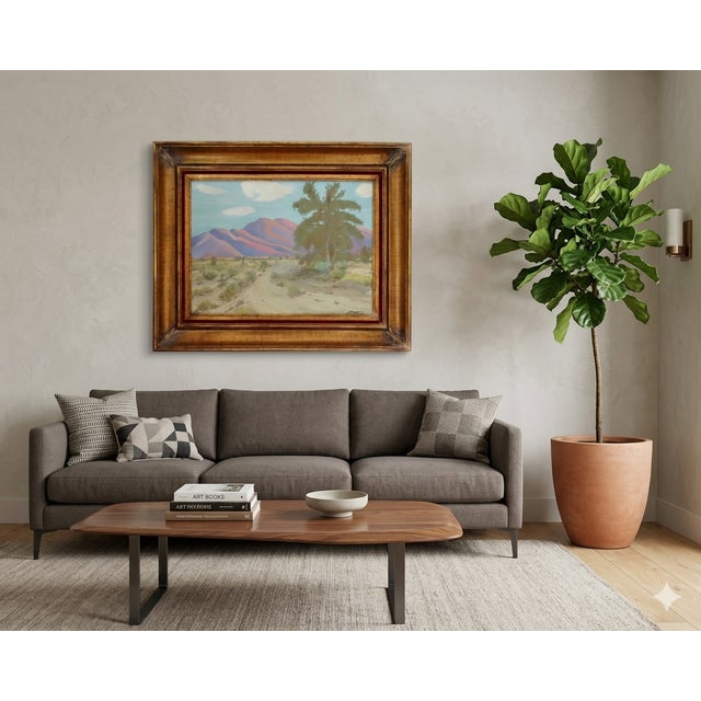 California impressionist plein air desert landscape oil on canvas panel. It depicts a lovely desert scene with mountains...