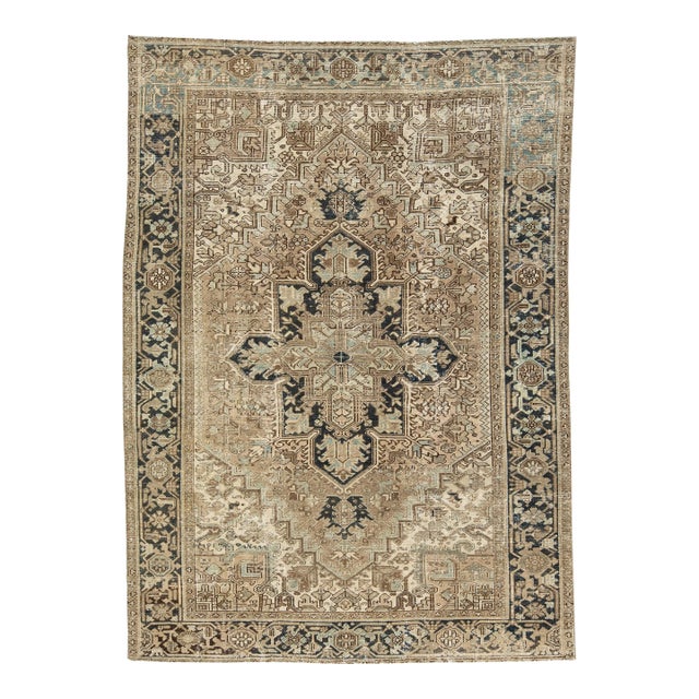 1920s Antique Persian Heriz Wool Rug Handmade in Beige With Medallion Design For Sale