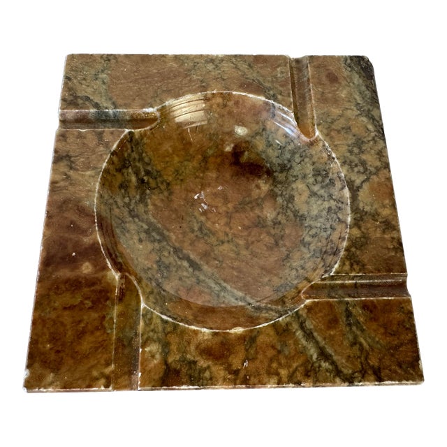 Vintage Alabaster Stone Ashtray – Natural Brown & Green Veining For Sale