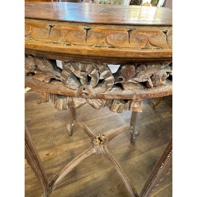 Wood Early 20th Century French Side Table With Carved Legs and Intricate Floral Inlaid Top For Sale - Image 7 of 12