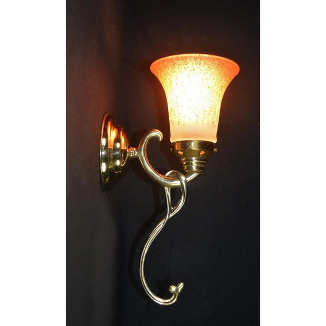 Mid-Century French Art Nouveau Brass Wall Sconce with Ribbed Glass Shade, 1950s For Sale - Image 3 of 12