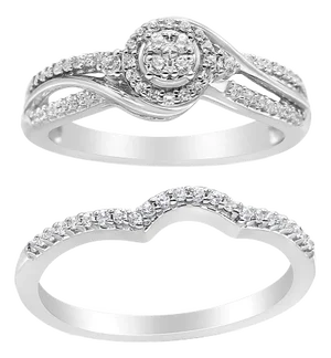 .925 Sterling Silver 1/3 Cttw Composite Diamond Frame Bypass Bridal Set Ring and Band (I-J Color, I2-I3 Clarity) - Ring Size 10