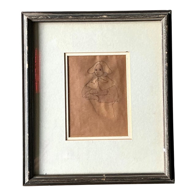 Vintage Portrait Drawing in Frame For Sale