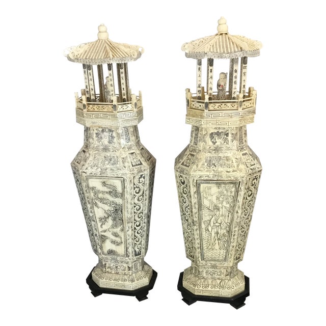 Shou Xin Gong, Chinese Power of Longevity Tiled Towers a Pair Chairish