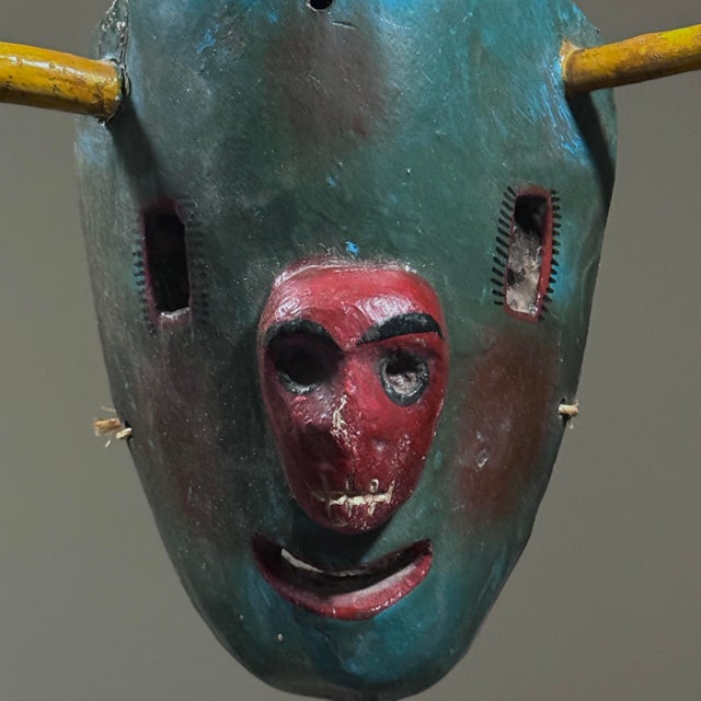 1940s Antique Folk Art Hand Carved Mexican Bull With Skull Mask For Sale - Image 5 of 9