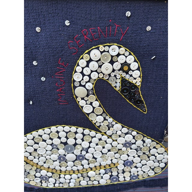 Inspiring folk art by Maine artist Mary Teeter of a button adorned swan and embroidered message Imagine Serenity. We have...