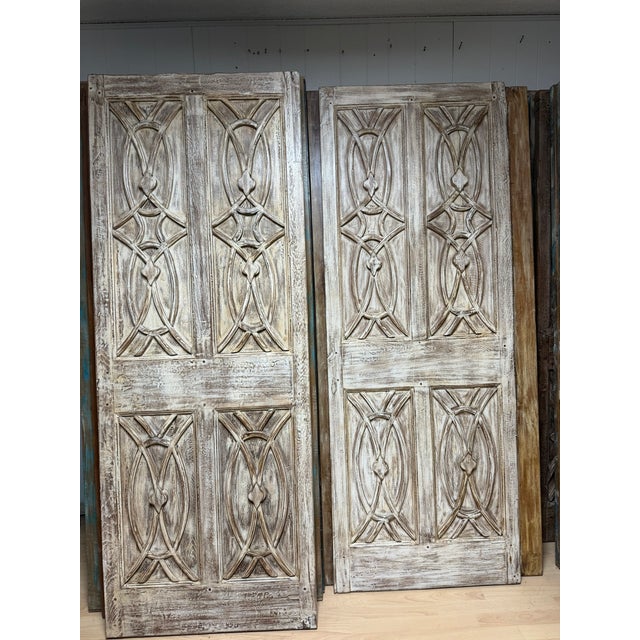 Midcentury Carved Entry Doors in Distressed Wood Architectural Statement Panels 80x30 For Sale - Image 13 of 14