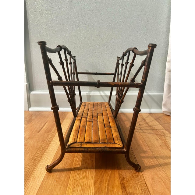 Vintage Faux Tortoise Bamboo Metal & Bamboo Chinoiserie Magazine Rack For Sale In New Orleans - Image 6 of 9