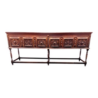 Carved Walnut Antique 7’ Wide Spanish Buffet or Credenza - Late 19th Century For Sale