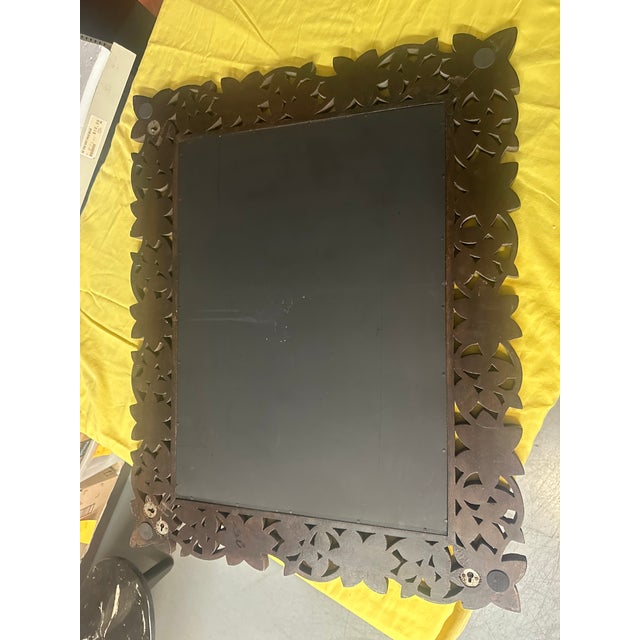 Vintage large wall mirror with a wide wooden frame carved into large flowers. Dark wood, Condition: very good vintage...