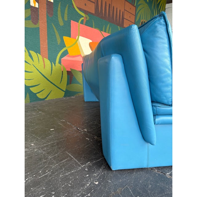 Vintage Postmodern Italian Nicoletti Attrb Blue Leather Sofa For Sale - Image 12 of 12