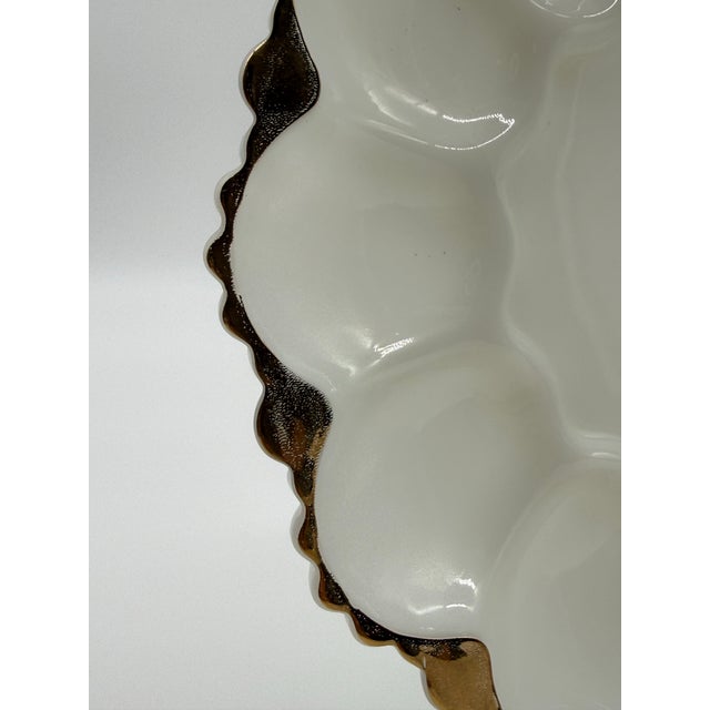 Mid 20th Century Mid-Century Anchor Hocking Fire King Milk Glass 22kt Gold Trim Egg Plate - a Pair For Sale - Image 9 of 10