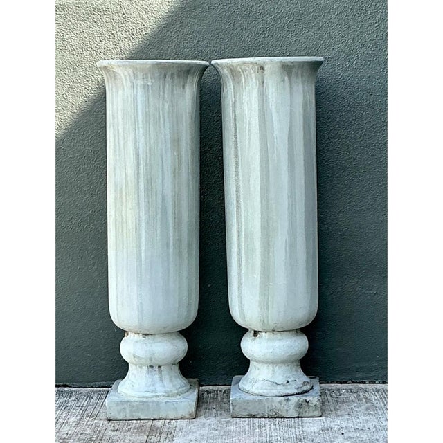 Vintage Tall Fluted Plaster Covered Resin Urns - A Pair For Sale - Image 11 of 12