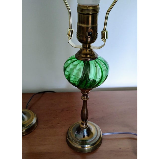 Pair of Vintage Green Globe Lamps With William Morris Shades For Sale In Baltimore - Image 6 of 10