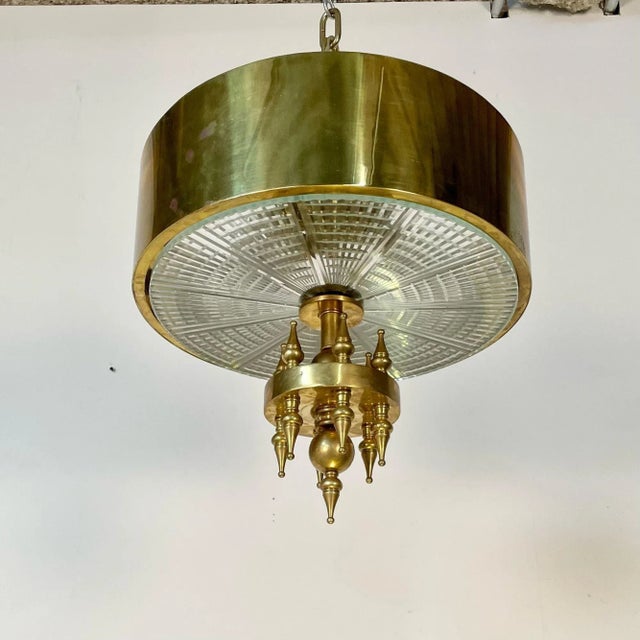 Hollywood Regency Small Hollywood Regency Style Brass Pendant / Chandelier, Starburst Etched Glass For Sale - Image 3 of 7