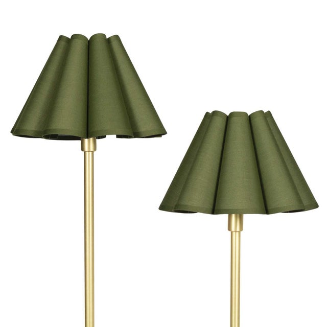 Polly Double Arm Table Lamp, Natural Brass with Olive Scalloped Shade For Sale - Image 4 of 6