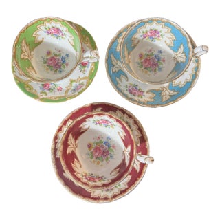 Vintage Royal Grafton "Academy" Fine Bone China Teacups & Saucers - Set of 3 Colors For Sale