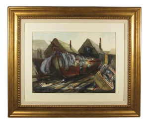 Original "Boat Builders" Watercolor Painting by Alan Halliday