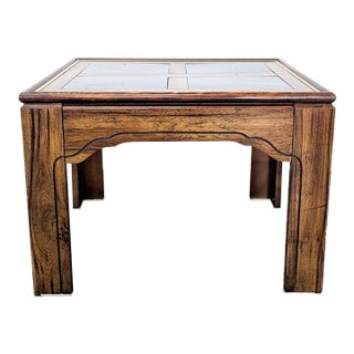 Vintage Wood and Glass End Table With Brass Inlay For Sale