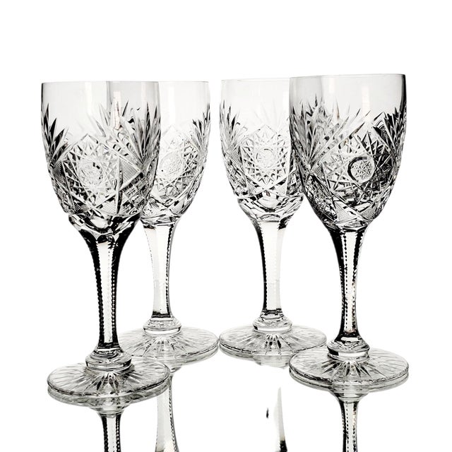 Victorian Late 20th Century Kusak Cut Glass Works Chantilly Lace Crystal Water Goblets, Set of 4 For Sale - Image 3 of 11