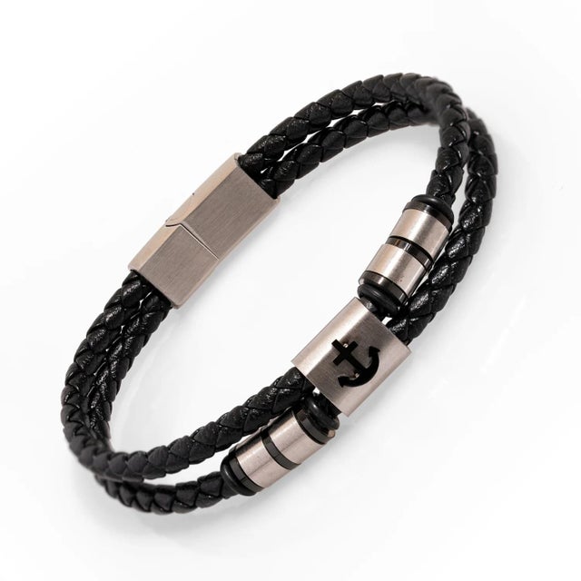 Early 21st Century Silver Anchor Design Black Leather Men's Style Bracelet For Sale - Image 5 of 6