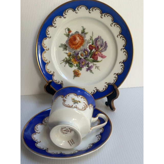 Art Nouveau Vintage 1950's Kunst Hummendorf Kronack Bavaria Germany Porcelain Tea Set Trio Cobalt Blue Gold Tea Cup Saucer Dessert Plate For Sale - Image 3 of 18
