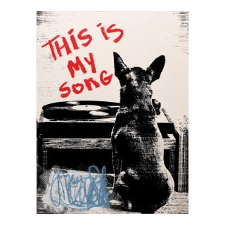 This Is My Song- Humorous Text With Dog on Hand Embellished Giclee Print For Sale