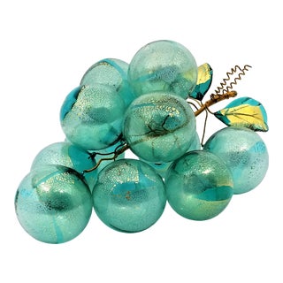 Turquoise and Gold Murano Glass Table Sculpture of Over-Scaled Grapes - Signed - Palm Beach Boho Chic For Sale