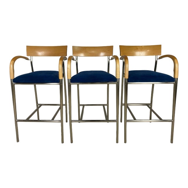 Vintage Bernhardt Bar Stools With Wood Arms and Back - Set of 3 For Sale