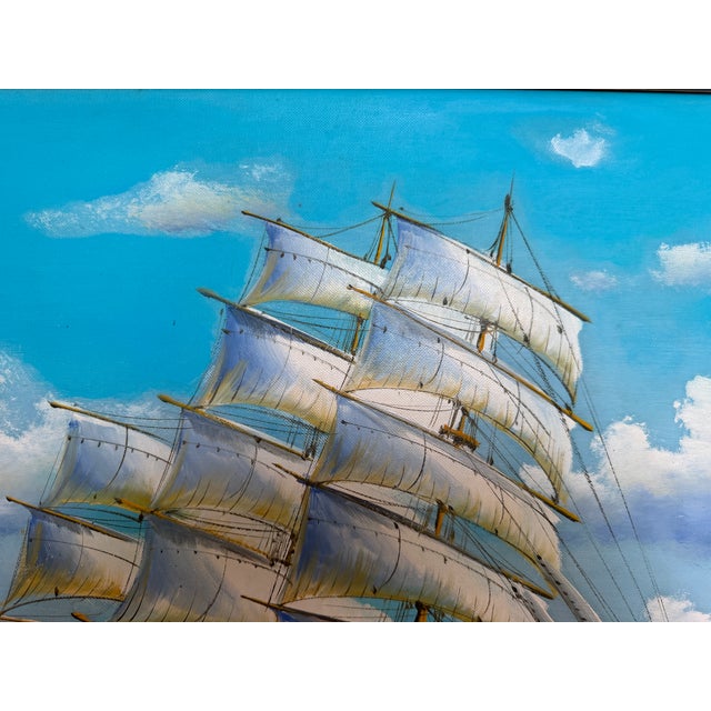 Blue Original Signed Oil Painting Sailing Ship at Sea Maritime Seascape Framed For Sale - Image 8 of 12