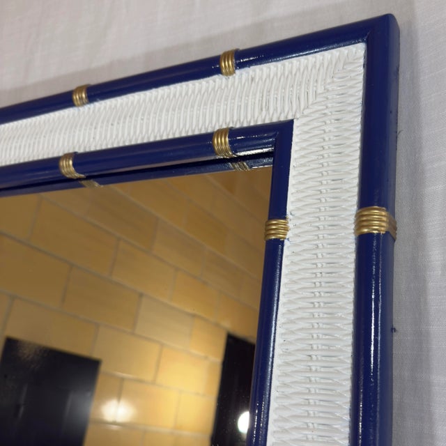 Late 20th Century Vintage Palm Beach Regency Chinoiserie Blue and White Faux Bamboo and Wicker Wall Mirror With Gilt Accents Dorothy Draper Style - Newly Painted For Sale - Image 5 of 10