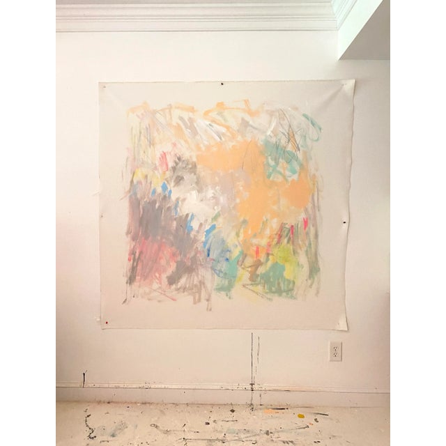Acrylic, pastel and graphite in bold gestural strokes provide a contrast to the soft neutral color scheme. Painting is on...