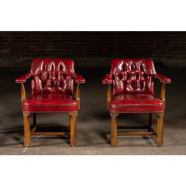 Wood Late 20th Century Set of Four Tufted Leather Bankers Chairs in Red For Sale - Image 7 of 17
