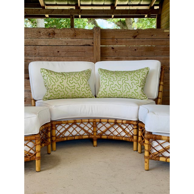 English Mid-Century Rattan Three-Piece Curved Sectional Sofa With New Sunbrella For Sale - Image 3 of 12