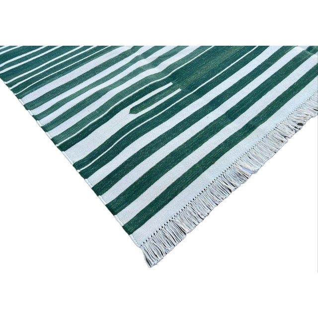 Not Yet Made - Made To Order Not Yet Made - Made To Order Handmade Cotton Natural Vegetable Dyed Reversible Forest Green White Striped Rug Dhurrie - 10'x14' For Sale - Image 5 of 11