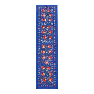 Blue Silk Suzani Table Runner With Pomegranate Vine For Sale