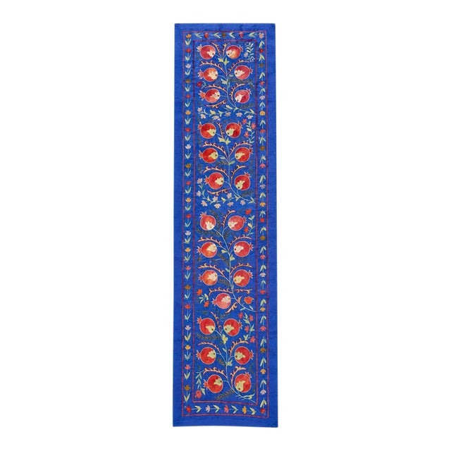 Blue Silk Suzani Table Runner With Pomegranate Vine For Sale