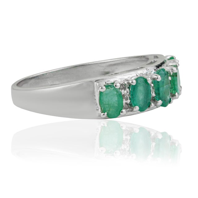 Not Yet Made - Made To Order Five Stone Oval 1.38 Ct Emerald & Diamond Half Eternity Band Ring in 925 Silver Size 8 For Sale - Image 5 of 12
