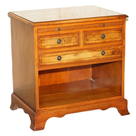 Vintage Burr Yew Wood Bedside Table with Drawers with Butlers Serving Tray For Sale