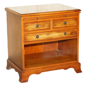 Vintage Burr Yew Wood Bedside Table with Drawers with Butlers Serving Tray