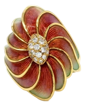 Mid 20th Century Diamond Enamel Floral Swirl Ring 18K Yellow Gold Size 7