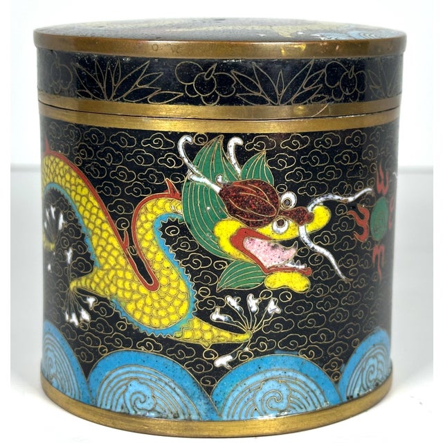 Chinese Antique Chinese Cloisonne Tea Caddy: Dragon & Flaming Pearl Design For Sale - Image 3 of 10
