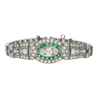 Vintage Art Deco Old Euro Cut Diamond and Emerald Bracelet in Platinum For Sale