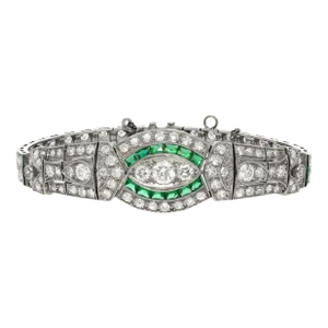 Vintage Art Deco Old Euro Cut Diamond and Emerald Bracelet in Platinum