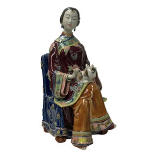 Chinese Porcelain Qing Style Dressing Holding Cat Lady Figure For Sale